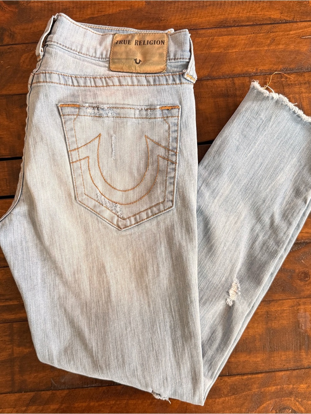 True Religion Finn Slim Tappered Distressed Zippered Ankle Jeans, Size 31x27